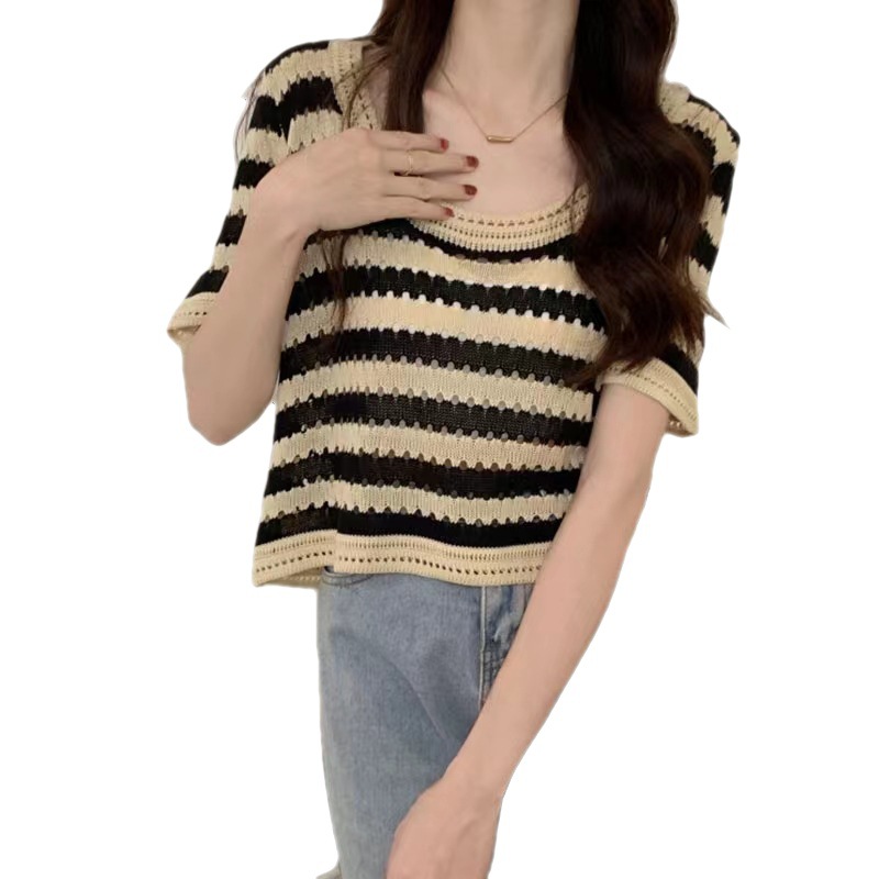 Picture of Plus size women's clothing summer Korean retro loose hollow design striped knitted short sleeve women's chubby girl slimming