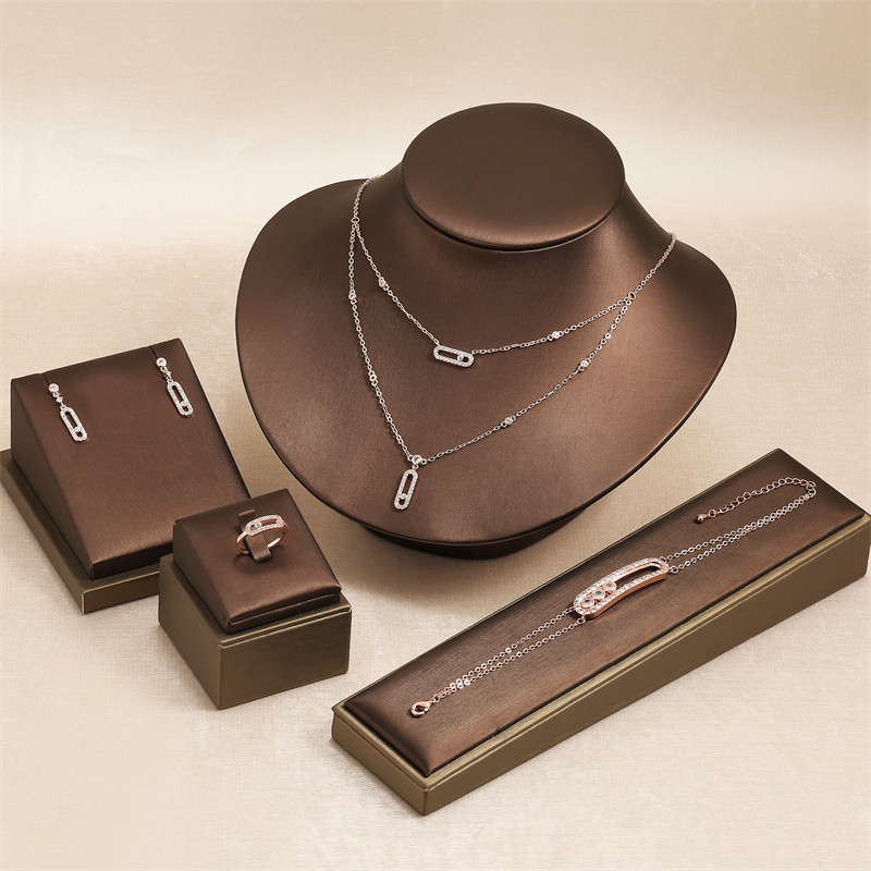 European and American Cross-Border Jewelry 2024 New Aliexpress Classic Double-Layer Geometric Necklace Earrings Ring Bracelet Set
