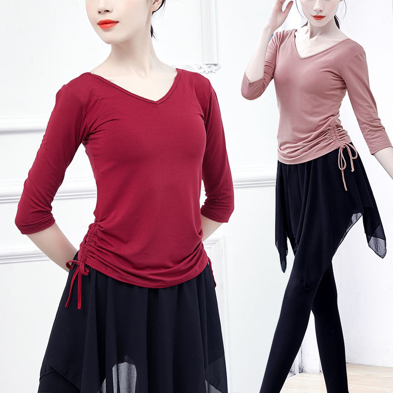 Dance Cheongsam Top Classical Modern Practice Clothing Adult Yoga Body Women's V Neck Slim Lace-Up T-Shirt V-Neck