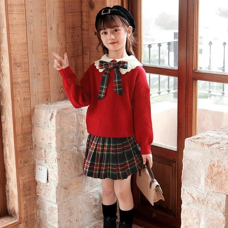 Girl's Autumn and Winter Dress Spring New Arrival Western Style Children's College Style Knitted Pullover Sweater Fashionable Pleated Skirt