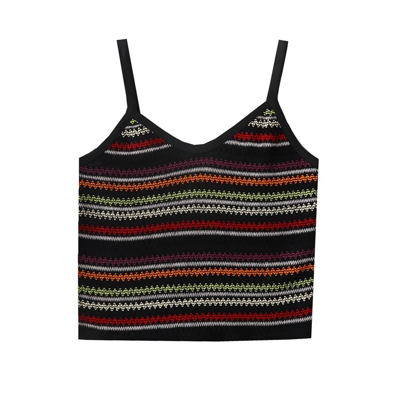 Summer New Retro Ethnic Style Contrast Color Striped Slim-fit Short Backless Joker Camisole Top for Women