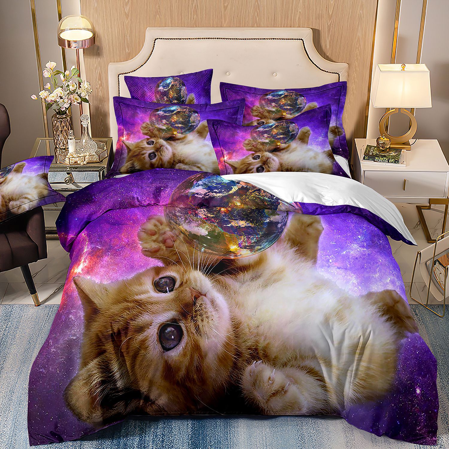 Amazon cross-border three-piece foreign trade 3d quilt cover starry sky cat kit universe space cartoon cat bedding