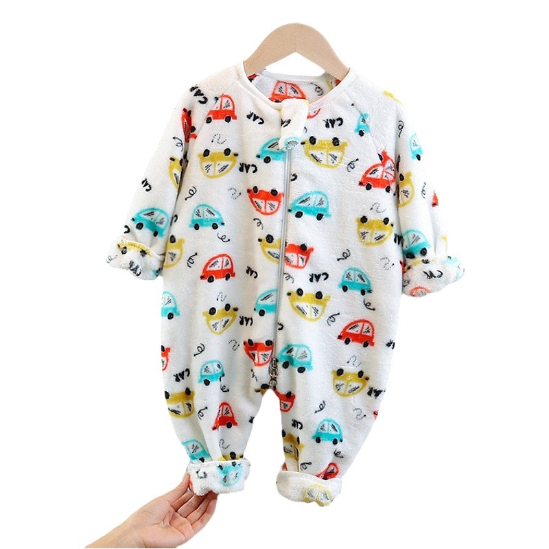 Flannel Pajamas fleece-lined thickened coral fleece full printed car baby sleeping bag autumn and winter children's one-piece romper