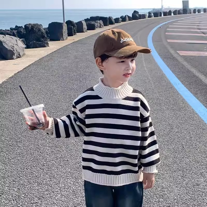Picture of Girls' Sweater Turtleneck Autumn and Winter Boys' Thickened Striped Inner Wear Children's Baby's Knitted Base fleece-lined Sweater