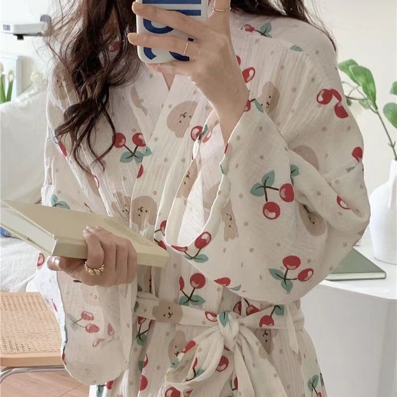 Japanese Style Nightgown Spring and Autumn Pajamas Girl's Sweet Nightgown Cherry Bear Long Bathrobe Home Clothes for Outer Wear