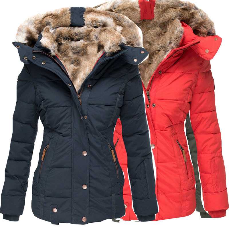 in stock Wish Amazon Winter Warm Fur Collar Cotton-padded jacket Women's Zipper Long-sleeved Slim-fit Hooded Cotton-padded Jacket