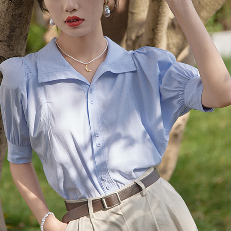 Summer French Style Elegant Puff Sleeve Chiffon Shirt Women's Hong Kong Style Retro Short Sleeve Shirt Loose Slimming Chic Top