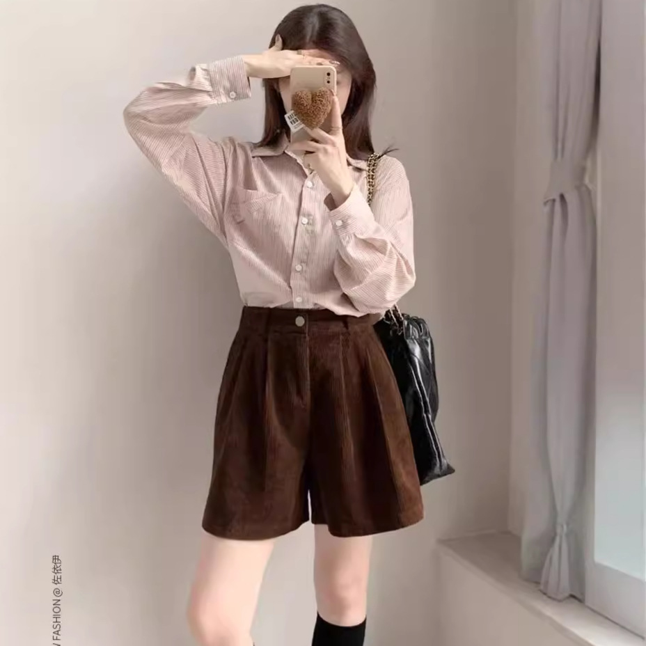Corduroy Shorts Women's Spring and Autumn New Korean-style High Waist Loose Slimming All-match Casual Wide-leg Outer Boots Pants