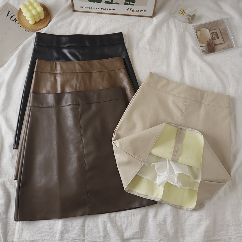 PU Leather Skirt A- Line Skirt Women's Autumn and Winter New Black Hip-Covering Short Skirt Small High Waist Slimming Hip-Covering Skirt