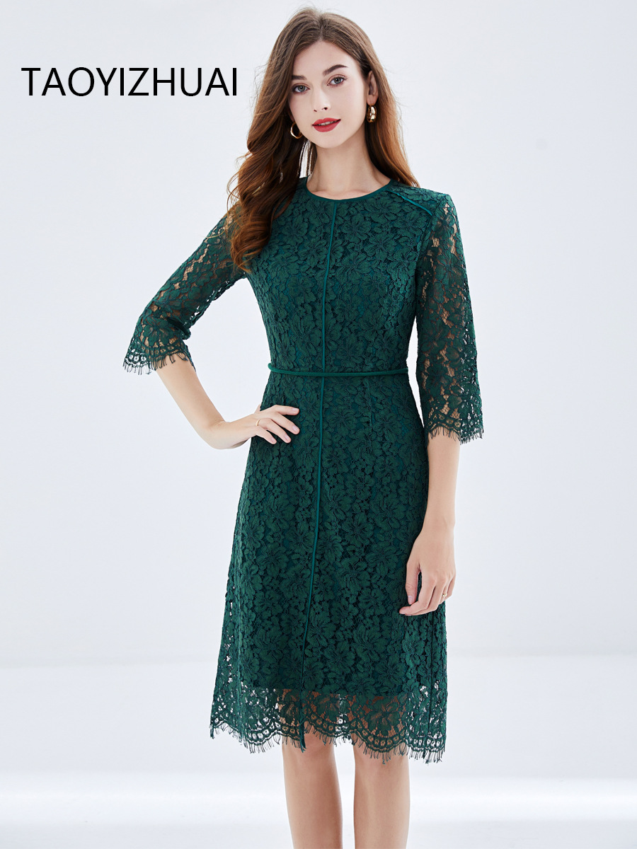 Picture of TAOYIZHUAI brand green lace dress chubby girl European and American young lace-up fashion eyelash dress