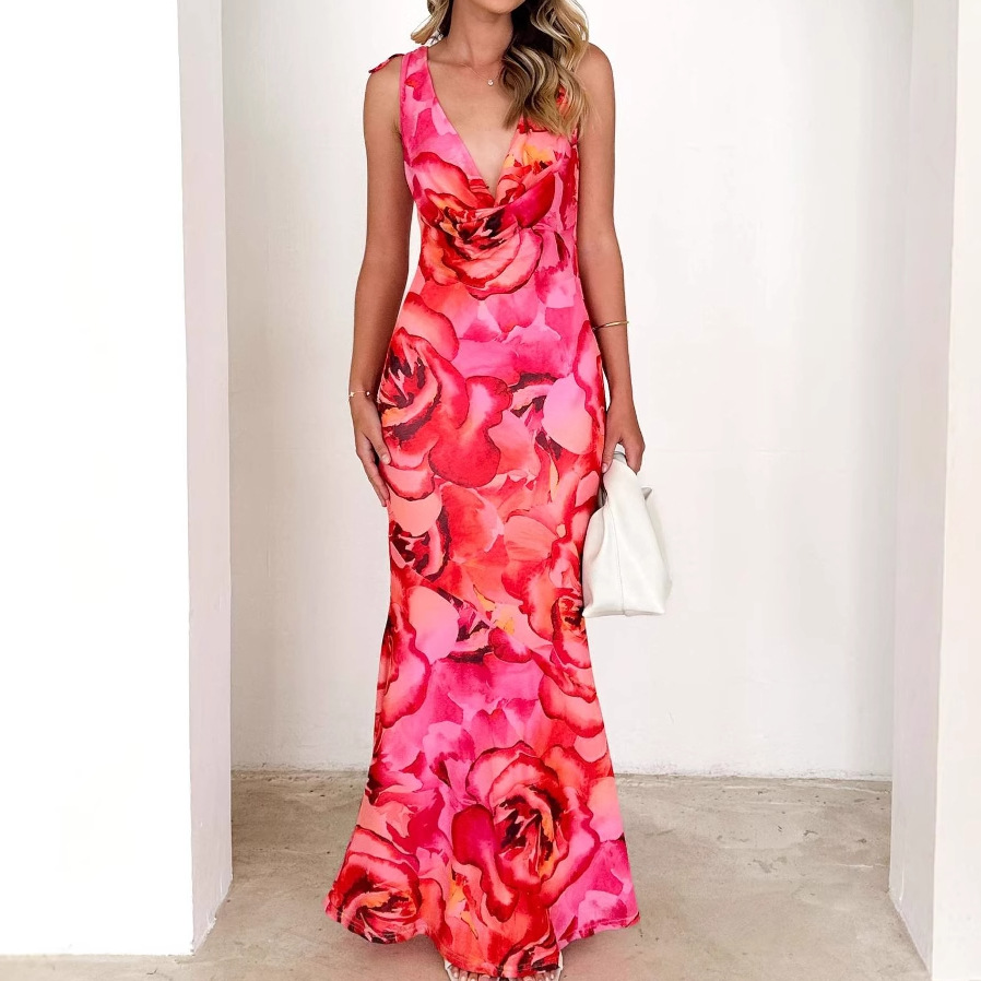 Cross-border European and American Foreign Trade Spring and Summer New V-neck Design Printing Elastic dress Sexy Strap dress Ladies