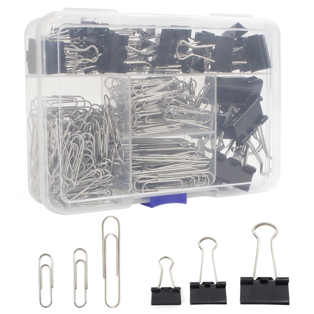 Cross-Border Supply of 340 Paper Clip Set, Black Long Tail Clip, Silver Paper Clip, School Paper Fixing Set
