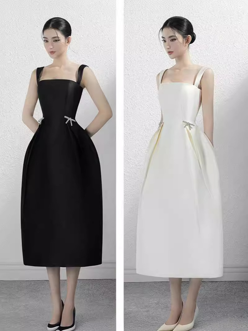 Summer Vietnamese Niche Designer Brand Celebrity Elegant Hepburn Style Solid Color Sling Cocoon Waisted dress Dress