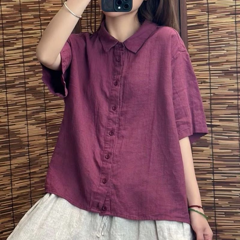 2024 Summer New Versatile Loose Casual Turn-Down Collar Cotton-Linen Short-Sleeve Shirt Women's Blouse Top