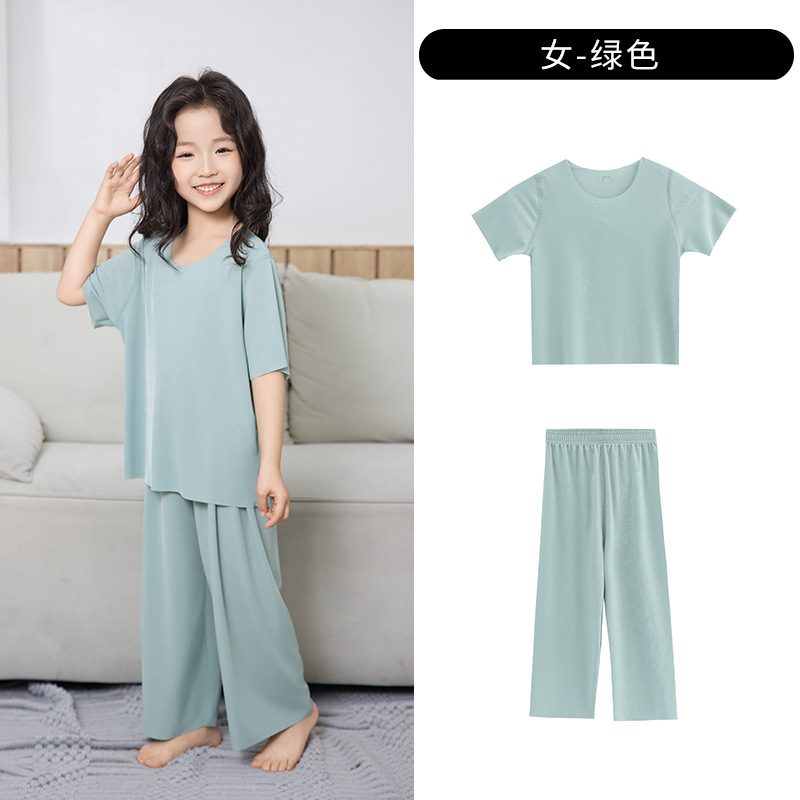 Picture of Summer New Style Boys' Short-Sleeved Loose Seamless Ice Silk Home Clothes Children's Two-Piece Set Girls' Pajamas Set Wholesale