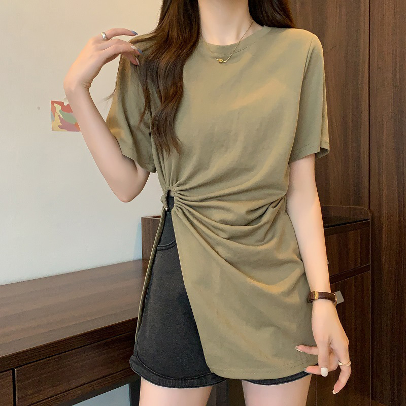 Pure Cotton Irregular Split Short-sleeved T-shirt Women's Summer Loose Slimming Belly Covering Design Sense Shoulder Mid-length Top