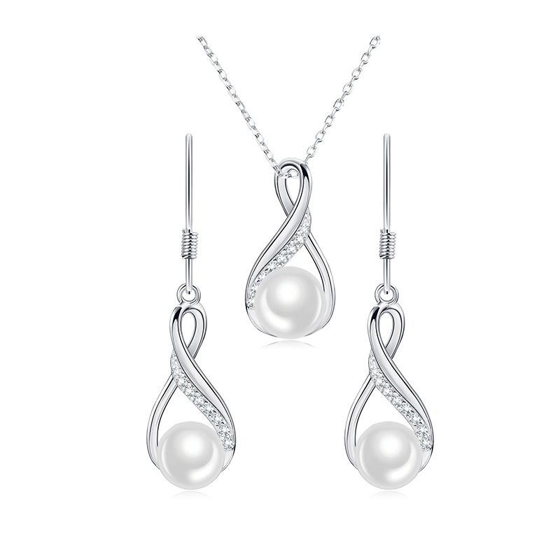 S925 sterling silver geometric freshwater pearl earrings necklace set women's light luxury fashion clavicle chain jewelry wholesale