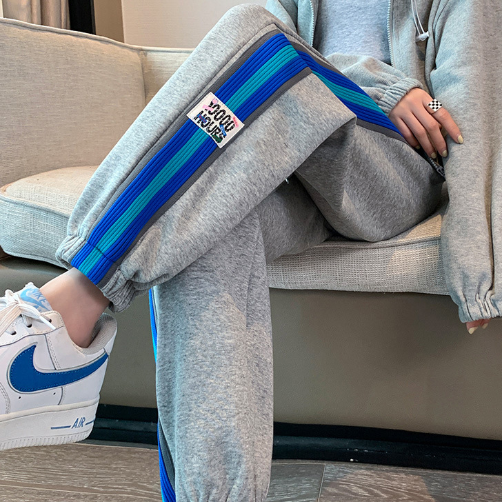 European casual sweatpants women's 2024 spring and summer side vertical stripes ankle-tied harem pants loose casual sports pants fashion
