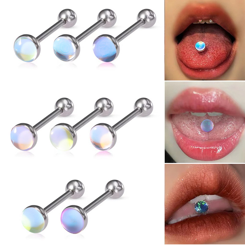 Barbell Laser Film Colorful Tongue Nail Wholesale Cross-Border European and American Stainless Steel Frosted Personalized Hot Girl Tongue Ring Piercing Jewelry