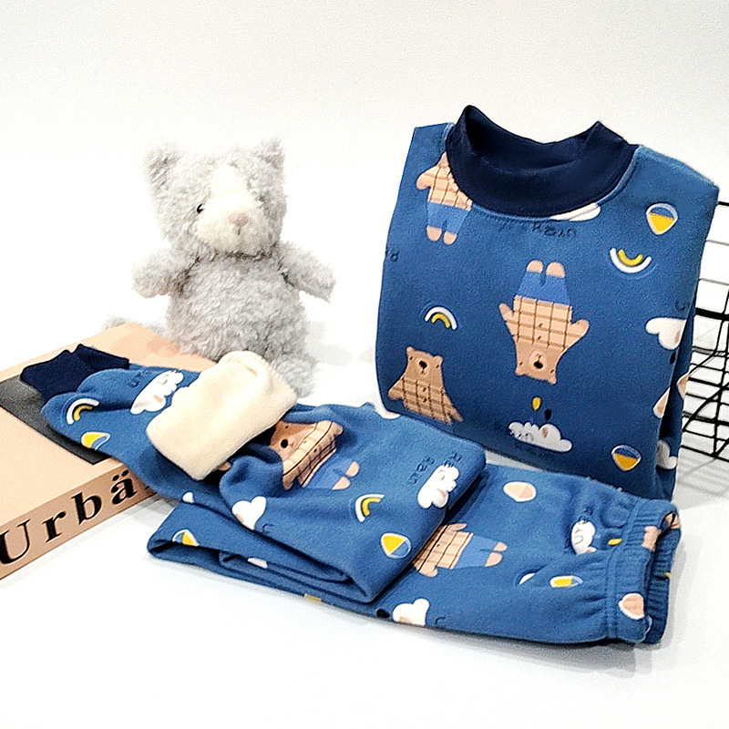 Autumn and Winter 2024 Children's fleece-lined Thickened Thermal Underwear suit for Boys and Girls Middle Collar Large Cartoon Printed Home Clothes