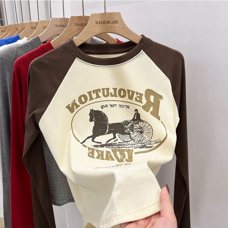 American Style Retro Printed Long-sleeved Knitted T-shirt Women's Autumn and Winter Design Sense Niche Slim-fit Slimming Spice Girls Chic Top