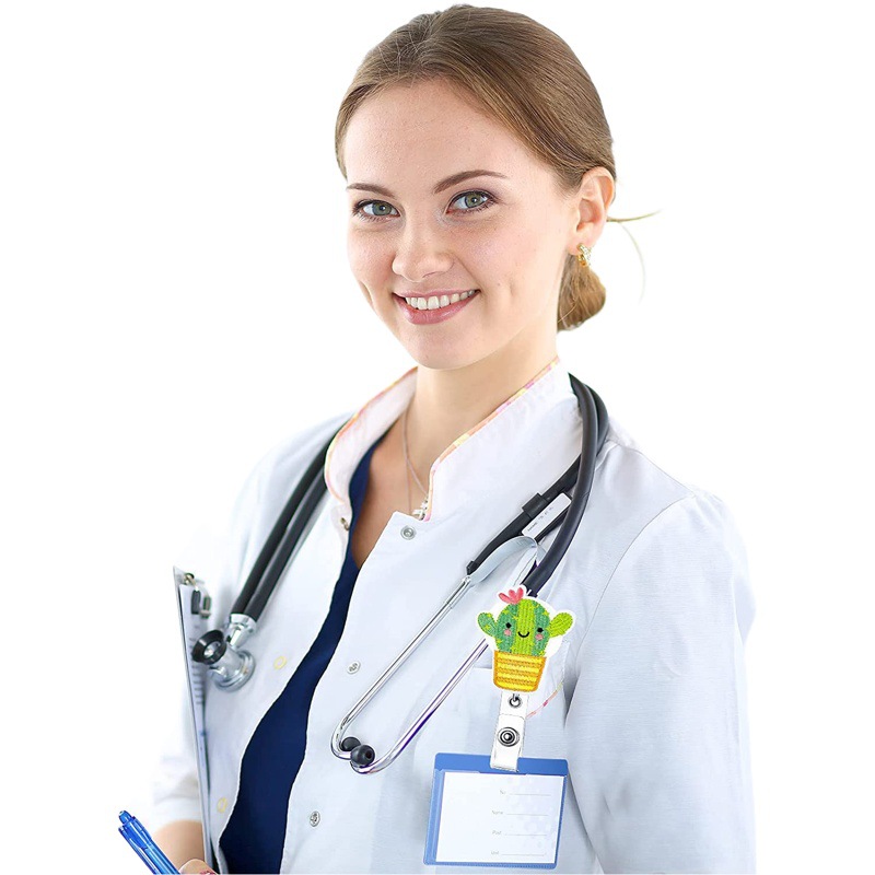 Cute cartoon cactus smiley face felt easy pull button Doctor Nurse teacher student retractable badge shaft