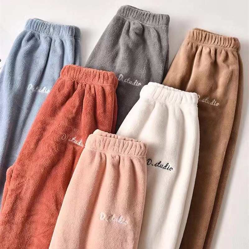 Warm Pants Women's Loose Waist Cropped Pajama Pants for Autumn and Winter Mao Mao Pants Flange Coral Fleece Loose Pants for Home