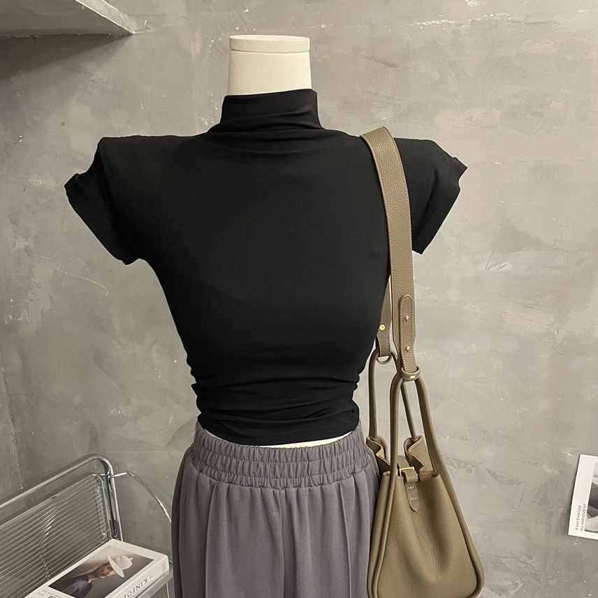 South Korea Re pin ~ temperament semi-high collar vest women slim short sleeve bottoming T-shirt solid color inner coat new 2025