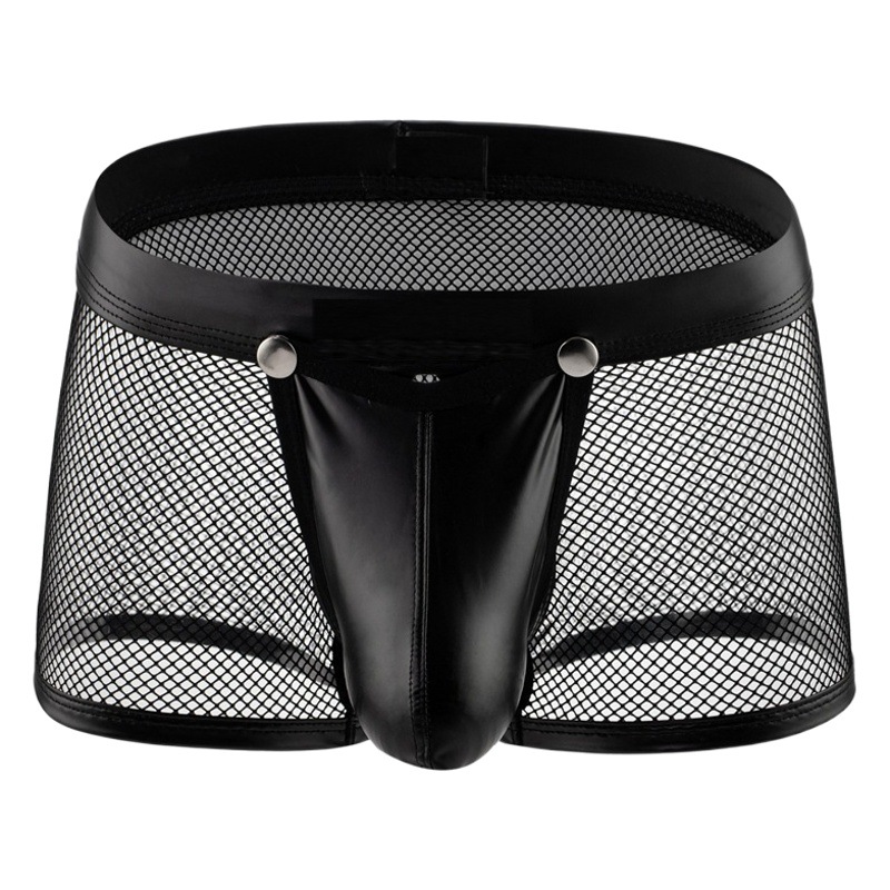 Wholesale men's boxer underwear large mesh breathable low waist hollow patent leather mesh New Generation