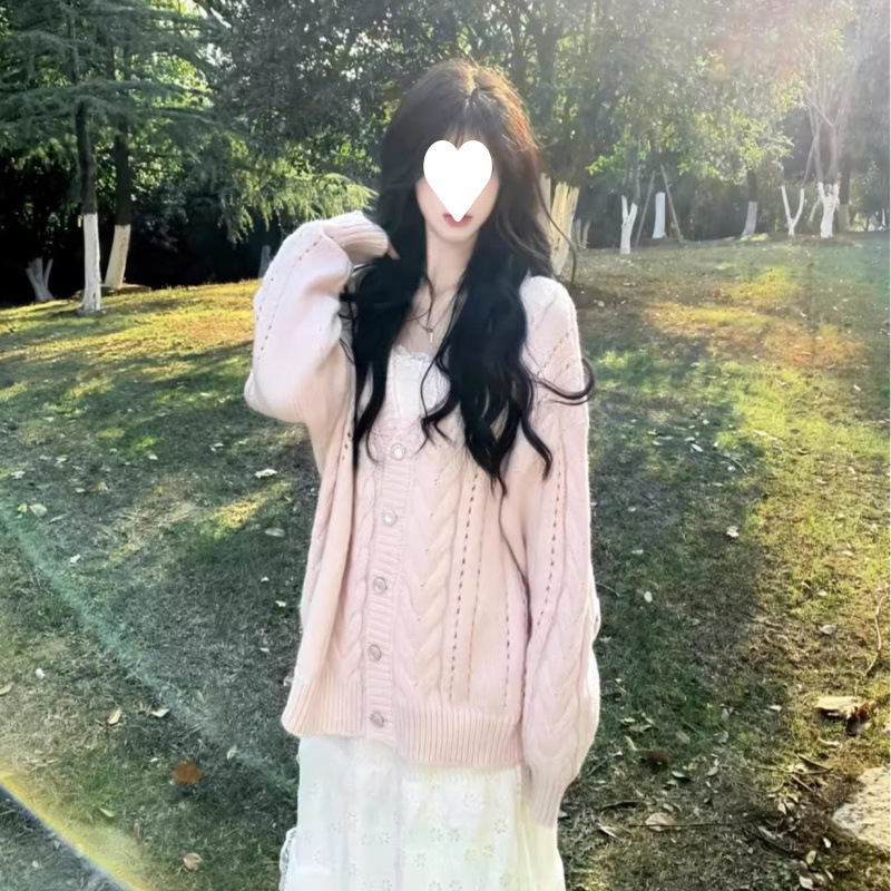 Picture of Peach pink tea break V-neck sweater slimming cardigan woman early spring loose lazy soft glutinous twist knitted sweater