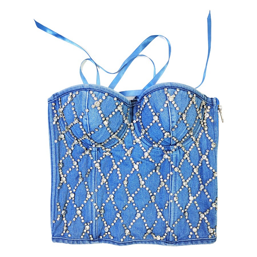 European and American-style Body Shaping Denim Strapless Outer Wear Waist Fishbone Top Beaded Vest Fried Street Spice Girl Strap Zipper Cardigan