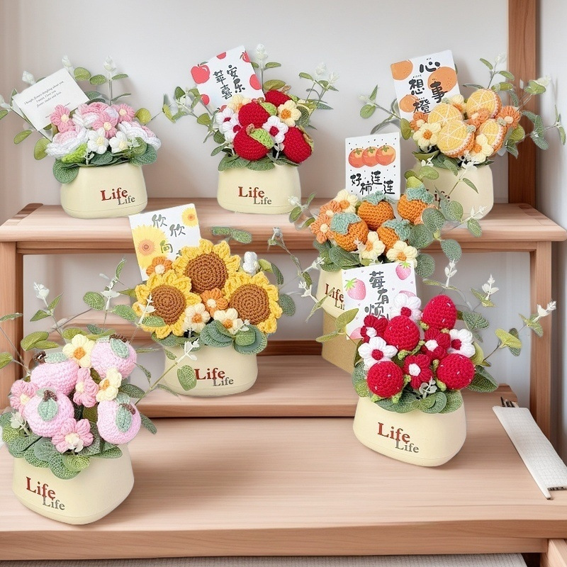 Picture of Creative bouquet knitted flowers diy material hand-woven potted finished desktop ornaments send goddess send mother
