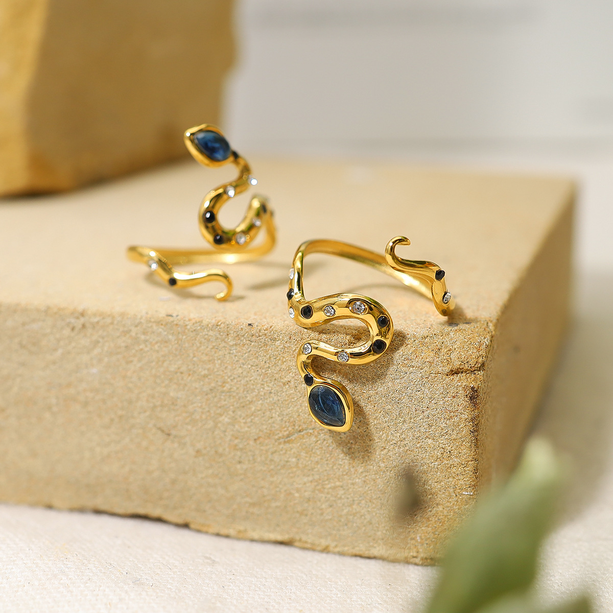 Picture of French blue zircon snake-shaped titanium steel ring 18K gold plated non-fading open ring foreign trade new bracelet wholesale