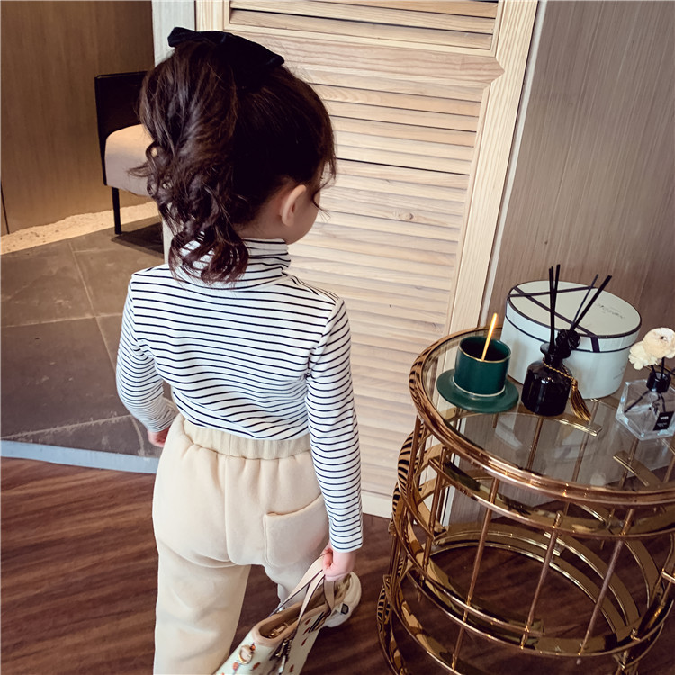 Picture of Children's Winter Girls' Base Shirt Autumn Outfit for Older Children, German Velvet Striped High-Neck Fleece Top, Children's Warm Top