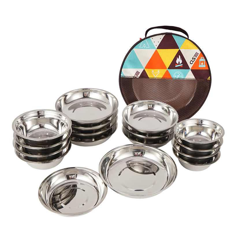 Picture of Outdoor Stainless Steel Dinner Plate 17-Piece Set Camping Barbecue Tableware Portable Self-Driving Barbecue Plate Soup Basin Dish Bowl Set