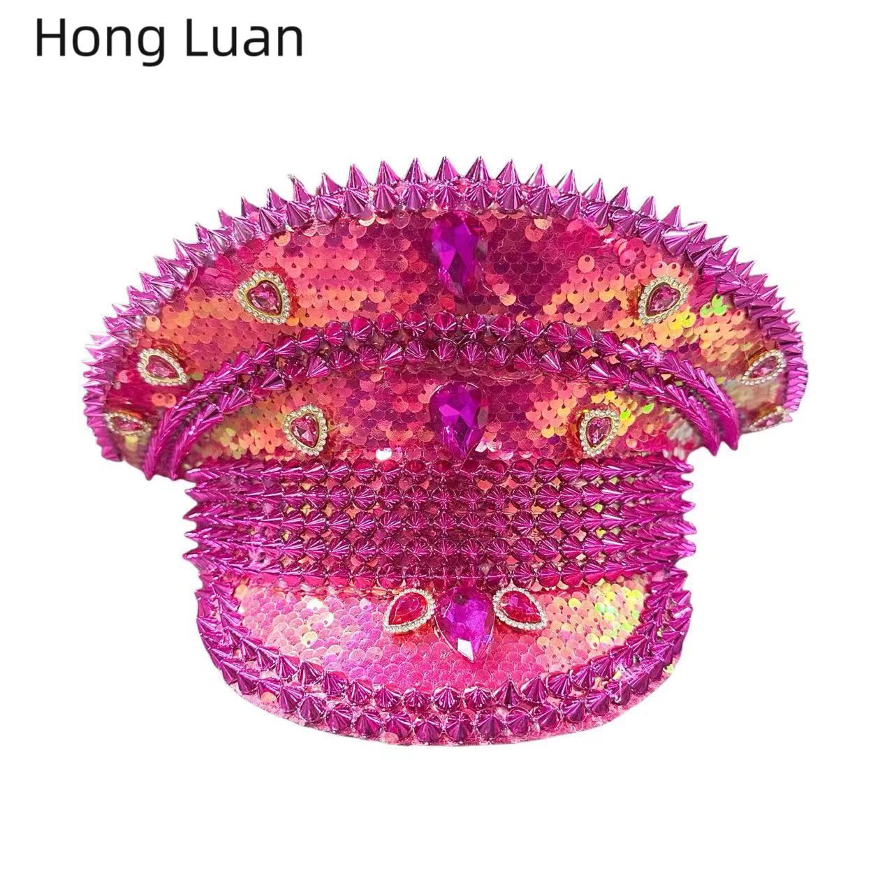 New Pink Sequins Rhinestone Personality Masquerade Carnival Adult Party Steampunk Performance Navy Cap
