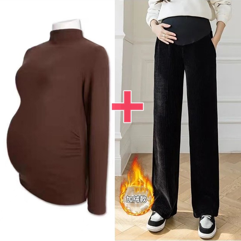 Picture of Pregnant women's clothing fashion spring autumn winter two-piece pregnant women adjustable abdominal pants solid color velvet warm bottoming shirt suit