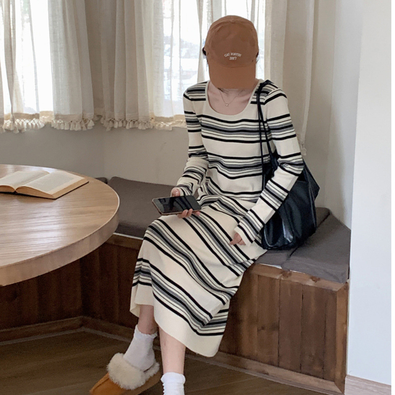Chanel Style Square Collar Contrast Color Striped Long-sleeved dress Women's Wear Early Autumn Slim-fit Slimming Elegant Mid-length Skirt