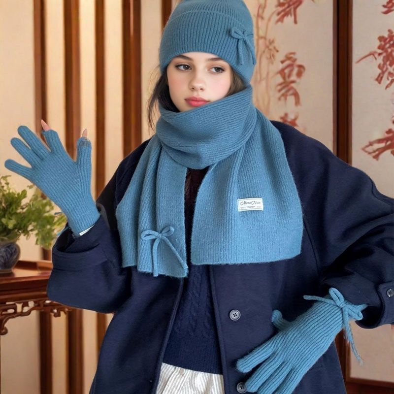 Picture of 25 Years New Korean Woolen Hat Pure Color Scarf Gloves Hat Winter Warm and Cold-Proof Knitted Three-Piece Suit