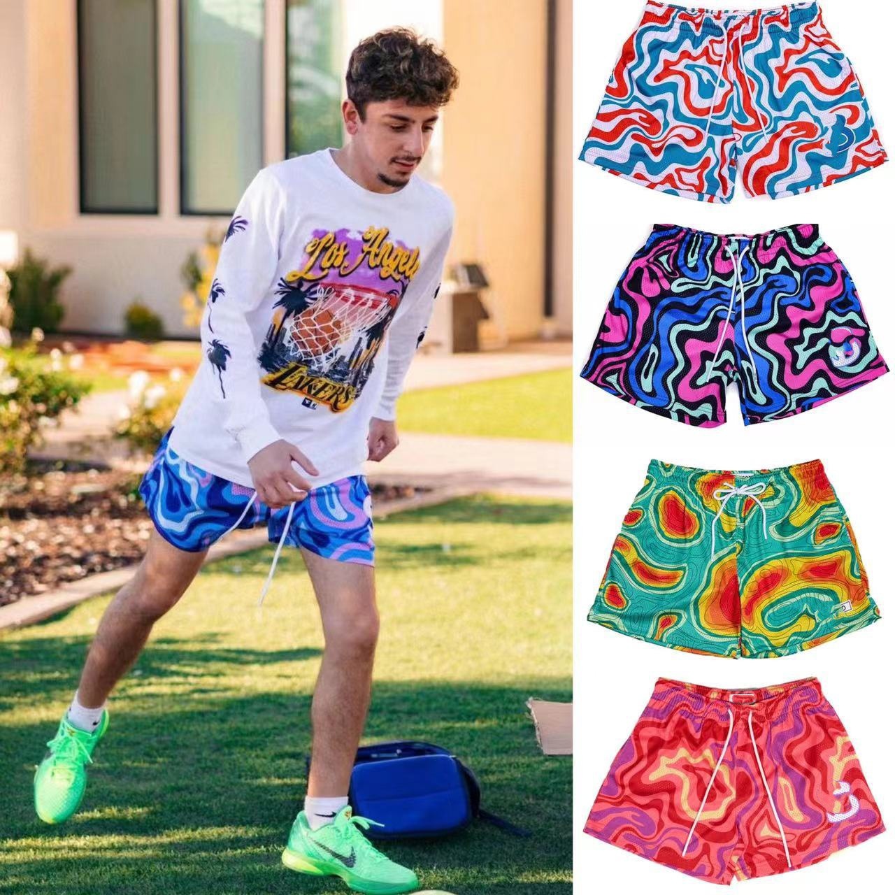 American Sports Trendy Brand Pigment Style Shorts Men's Mesh Quick-drying Summer Loose Four-point Knee Fitness Basketball Pants