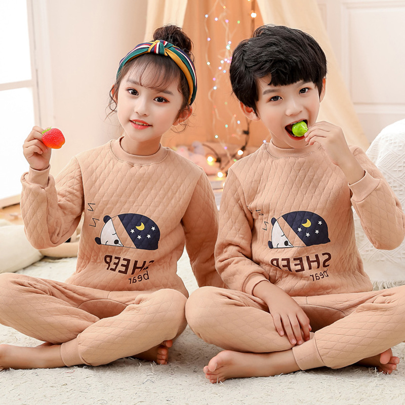 Picture of Winter new children's underwear quilted three-layer warm thickened suit half collar children's hollow cotton autumn clothes long pants