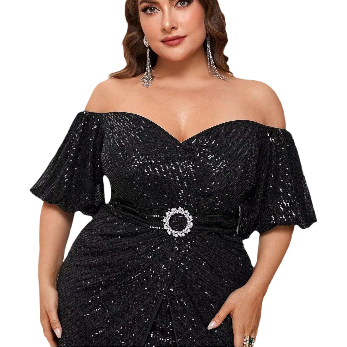 European and American Large Size New Sequined Lace Waist Slimming Look One-Shoulder Short Front and Back Drag Black Evening Dress Banquet Clothing