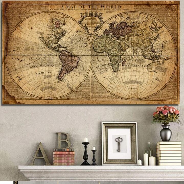 World map vintage canvas earth painting living room poster printing Home Office learning wall art decoration