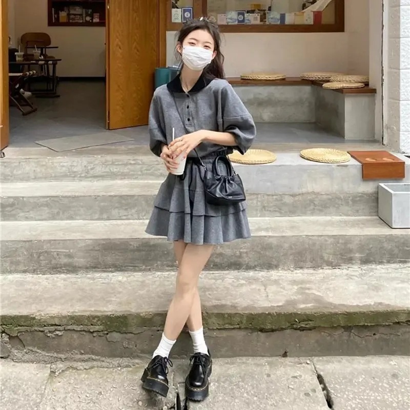 Summer 2023 New Suit Female Students POLO Collar Short-sleeved Top High Waist Skirt Casual Two-piece Trendy Cross-border Set