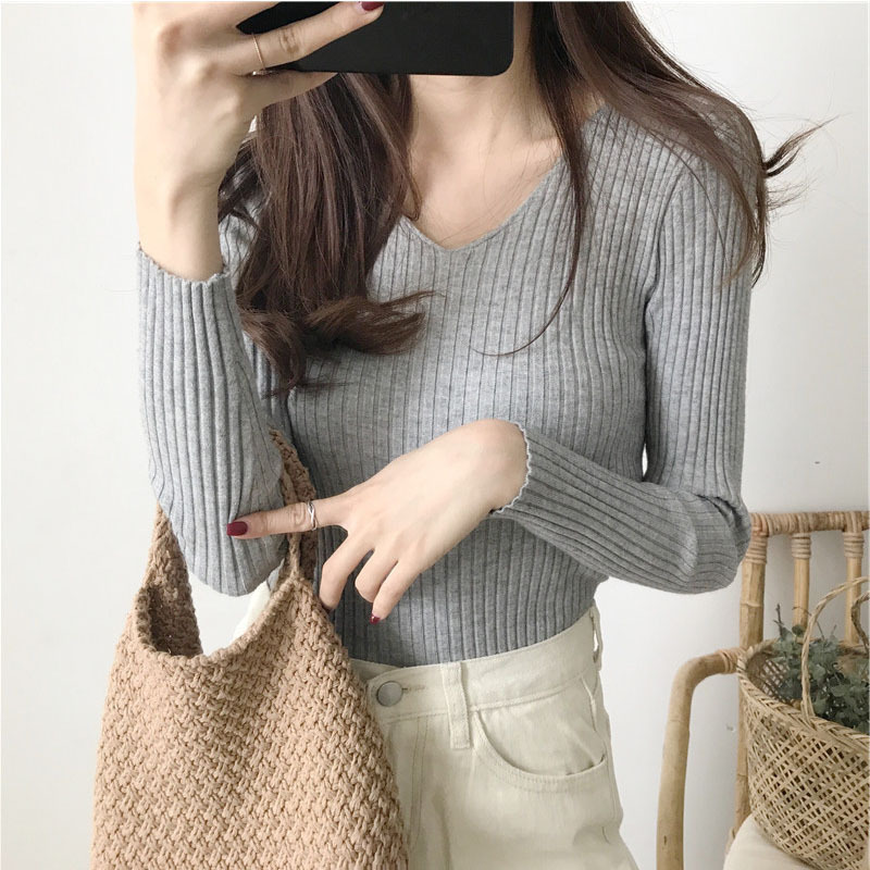 Picture of 2024 Korean Style V Neck Core-Spun Yarn Slimming Look Knitted Long-Sleeved Slim Tight Warm Bottoming Shirt Top Sweater for Women