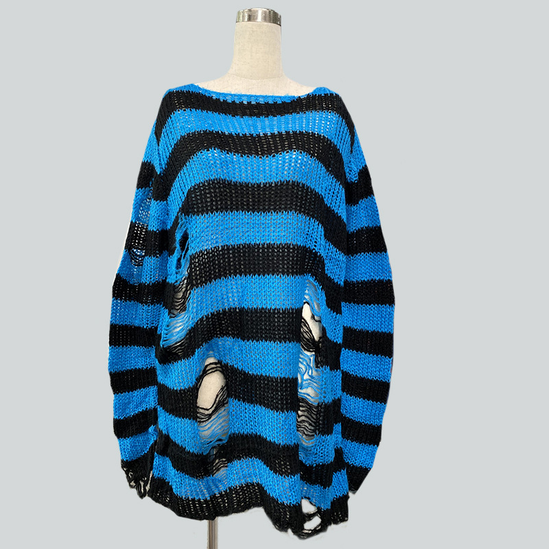 Picture of Mohair New European and American Export Loose Stripesd Knitwear Women's Mid-Length Pullover Hole Thin Cross-Border Knitwear