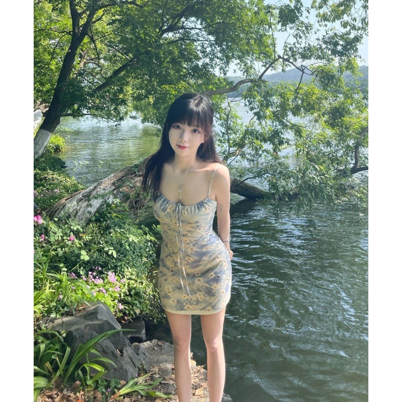 American Style Girl's Rose Print Sling Skirt with Sexy Slimming Clavicle Strap dress Skirt