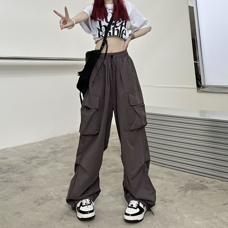 American retro workwear casual ankle-tied pants women's summer new all-match straight pants high waist slimming wide leg pants fashion