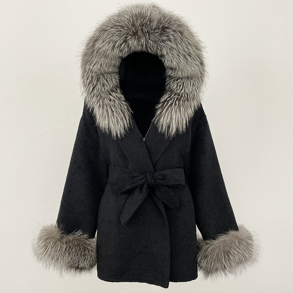 Picture of New Hooded Color-Blocked Fox Fur Collar Autumn and Winter Double-Sided Wool Outwear Women's Cloak Waist Thickeneded Woolen Outwear