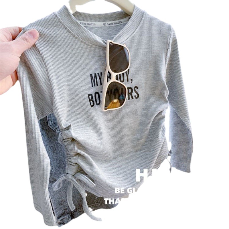 Fashionable Children's clothing 2023 Autumn New girls' Korean-style double-sided drawstring letter printed stretch long-sleeved T-shirt top